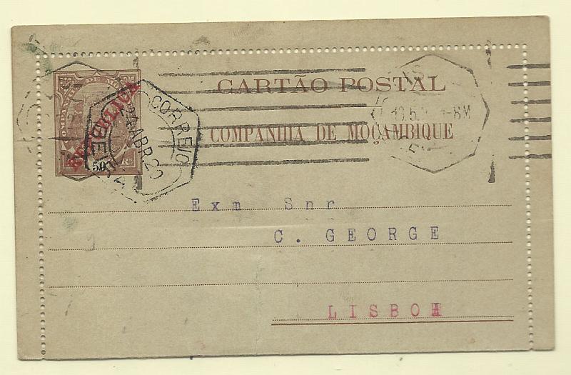 0513.jpg -     Lote:    513            Companhia de Moçambique       Descrição:         1911 &mdash; Tipo Elefantes com sobrecarga REPUBLICA da Casa da Moeda. Bilhetes-Cartas. OM9, 50 reis castanho. Circulado da Beira (01.04.20) para Lisboa (13.05.20). B.        IC       Valor Base:     &euro; 25,00     Valor Venda:     &euro; 28,00       