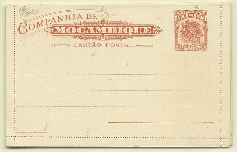 0514.jpg -     Lote:    514            Companhia de Moçambique       Descrição:         1920 &mdash; Motivos locais + Motivos locais, com sobretaxa. Bilhetes-Cartas. OM12/14. Série completa com 3 inteiros de 5c azul, 6c s/ 4c violeta + 7 &frac12; c laranja. Muito bem conservados. R.        IN       Valor Base:     &euro; 12,00     Valor Venda:     &euro; 12,00       