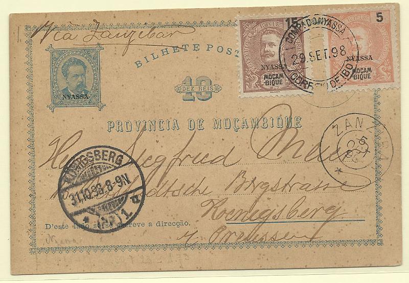 0515.jpg -     Lote:    515            Companhia do Niassa       Descrição:         1898 &mdash; D. Luís I. Inteiros de Moçambique com sobrecarga horizontal "NYASSA". OM2, 10 reis azul, circulado com selos adicionais de 5 e 15 reis tipo D. Carlos I Mouchon com sobrecarga NYASSA CE15 e 17, do Ibo (29.09.98) para a Prússia * Koenigsberg (31.10.98, com trânsito por Zanzibar (05.10.98). Raro destino. MB e MR.        IC       Valor Base:     &euro; 500,00     Valor Venda:     &euro; 940,00       