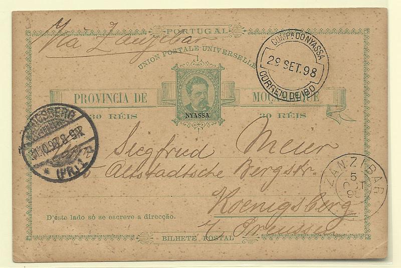 0517.jpg -     Lote:    517            Companhia do Niassa       Descrição:         1898 &mdash; D. Luís I. Inteiros de Moçambique com sobrecarga horizontal "NYASSA". OM3, 30 reis verde, circulado do Ibo (29.09.98) para a Prússia * Koenigsberg (31.10.98, com trânsito por Zanzibar (05.10.98). Raro destino. MB e MR.        IC       Valor Base:     &euro; 100,00     Valor Venda:     &euro; 150,00       