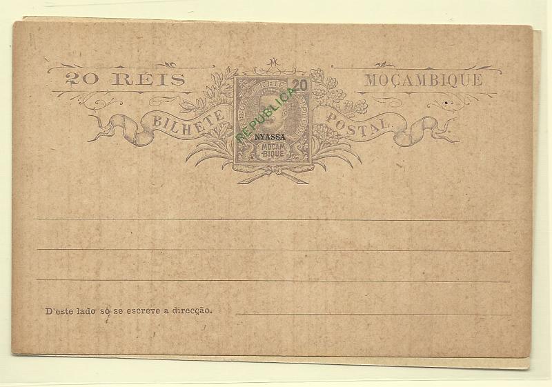0519.jpg -     Lote:    519            Companhia do Niassa       Descrição:         1912 &mdash; D. Carlos I Mouchon de Moçambique com sobrecarga REPUBLICA local + sobrecarga NYASSA. Lote de dois inteiros: um de 10 reis OM9 e outro de 20 reis OM12. Bem conservados.        IN       Valor Base:     &euro; 20,00     Valor Venda:     Retirado     