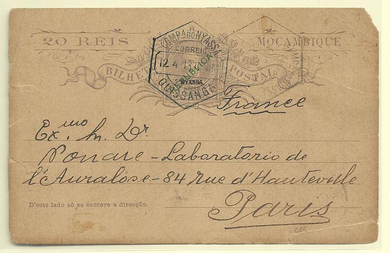 0520.jpg -     Lote:    520            Companhia do Niassa       Descrição:         1912 &mdash; D. Carlos I Mouchon de Moçambique, com sobrecarga REPUBLICA local + sobrecarga NYASSA. OM12, 20 reis violeta, circulado de Quissanga (12.04.13) para Paria. Um canto curto. MR.        IC       Valor Base:     &euro; 75,00     Valor Venda:     Retirado     