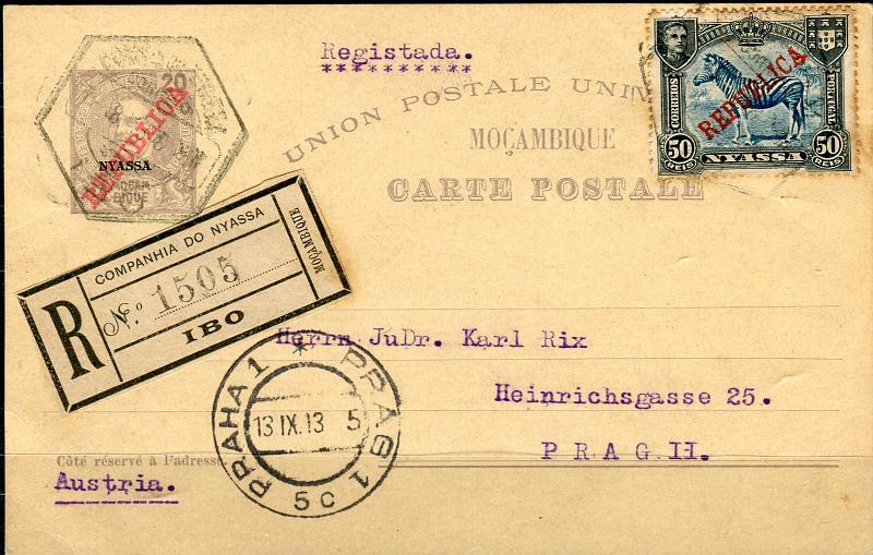 0521.jpg -     Lote:    521            Companhia do Niassa       Descrição:         1904 &mdash; D. Carlos I Mouchon. Bilhetes-postais de Moçambique com sobrecarga REPUBLICA da Casa da Moeda +  sobrecarga NYASSA. OM16, 20 reis violeta, circulado registado do Ibo (08.08.13) para Praga (13.09.13) com selo adicional de 50 reis CE57. MB e MR        IC       Valor Base:     &euro; 145,00     Valor Venda:     Retirado     