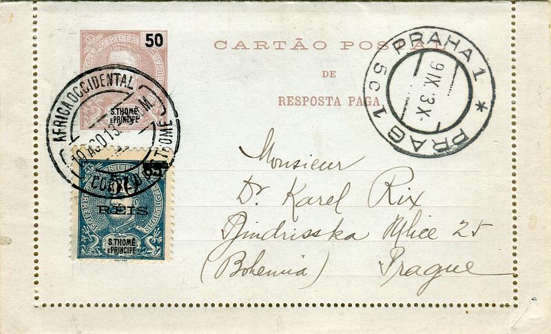 0524.jpg -     Lote:    524            S. Tomé e Príncipe       Descrição:         1903/05 &mdash; D. Carlos I Mouchon. Bilhetes-Cartas. OM5, 50+50 reis castanho circulado de S. Tomé (10.08.13) para Praga (09.09.13) com selo adicional de 50 s/ 65 reis CE95.        IC       Valor Base:     &euro; 45,00     Valor Venda:     &euro; 45,00       