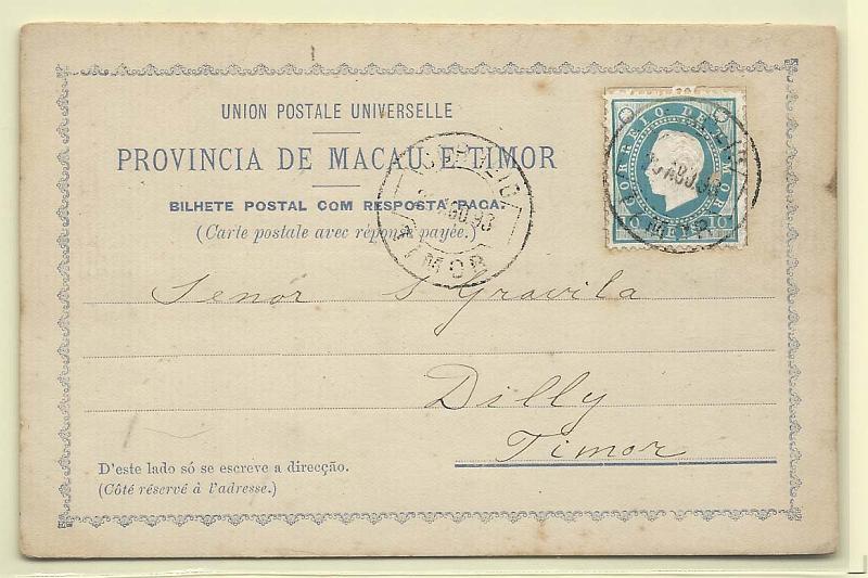 0525.jpg -     Lote:    525            Timor       Descrição:         1892 &mdash; Emissão de Macau e Timor sem selo impresso, vendido com selos colados. OM I, 10+10 reis verde. Circulado em Dily (25.08.93).        IC       Valor Base:     &euro; 40,00     Valor Venda:     Retirado     