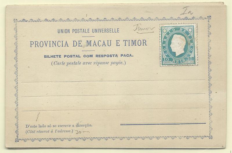 0526.jpg -     Lote:    526            Timor       Descrição:         1892 &mdash; Inteiros de Macau sem selo impresso e com selos de D. Luís I colados. OM I/II. 10+10 reis verde e 30+30 s/ 300+300 reis laranja. Novos, muito bem conservados.        IN       Valor Base:     &euro; 10,00     Valor Venda:     &euro; 10,00       