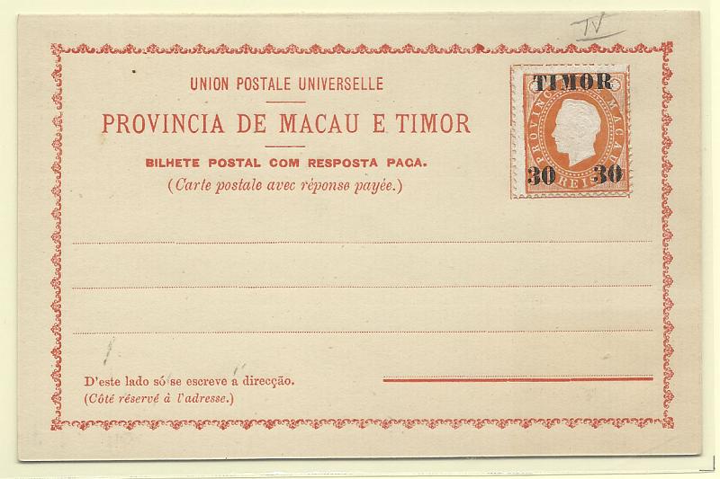 0527.jpg -     Lote:    527            Timor       Descrição:         1892 &mdash; Bilhetes-postais de resposta paga de fabrico local, semelhantes aos da emissão de Macau, sem selo impreso. OM II, 30+30 / 300+300 reis laranja. Novo, bem conservado        IN       Valor Base:     &euro; 15,00     Valor Venda:     &euro; 15,00       