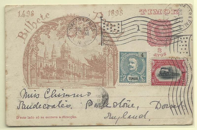 0529.jpg -     Lote:    529            Timor       Descrição:         1898 &mdash; 4.º Centenário do Descobrimento do Caminho Marítimo para a Índia. OM1B, 2 avos. Inteiro circulado como postal ilustrado dos EUA / Niágara Falls (13.07.01) para Inglaterra, com selo de 2 &frac12; c.        IC       Valor Base:     &euro; 25,00     Valor Venda:     &euro; 30,00       