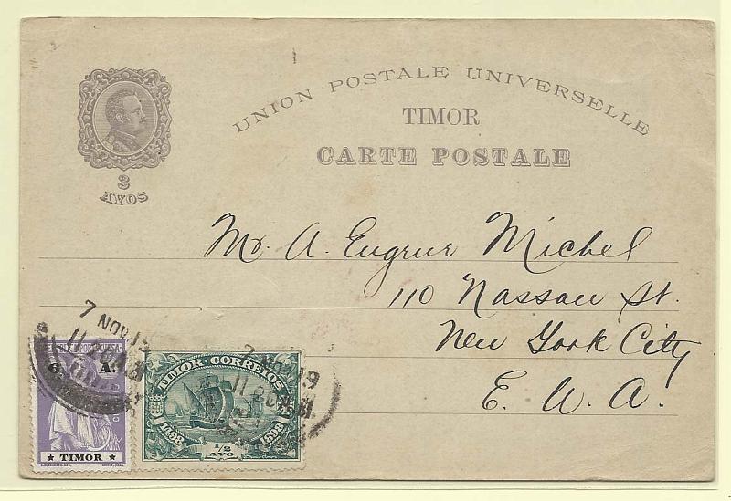 0531.jpg -     Lote:    531            Timor       Descrição:         1898 &mdash; 4.º Centenário do Descobrimento do Caminho Marítimo para a Índia. OM2, 20 reis. Circulado de Timor para os EUA com trânsito por Victória / Hong-Kong (07.11.13) com selos adicionais de &frac12; avo CE50 e 6 avos CE167. B e R.        IC       Valor Base:     &euro; 40,00     Valor Venda:     &euro; 65,00       