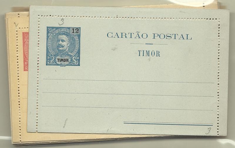 0533.jpg -     Lote:    533            Timor       Descrição:         1903/13 &mdash; D. Carlos I Mouchon + D. Carlos I Mouchon, com sobrecarga REPUBLICA da Casa da Moeda. Bilhetes-Cartas. OM1/7 + OM 13/18. Séries completas em novo, muito bem conservados, sem manchas ou defeitos. R.        IN       Valor Base:     &euro; 25,00     Valor Venda:     &euro; 25,00       
