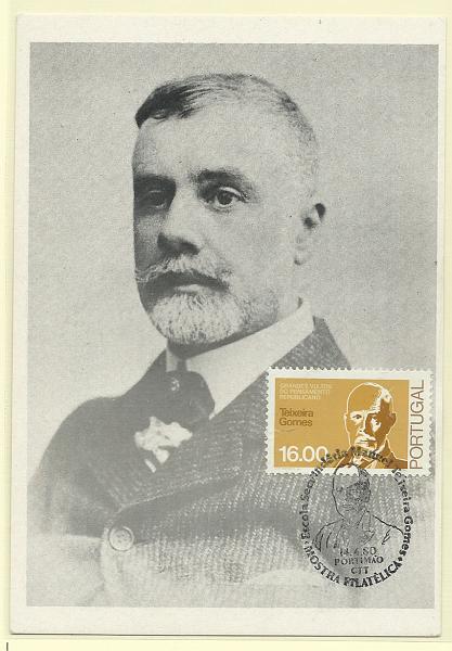 0549.jpg -     Lote:    549                   Descrição:         Manuel Teixeira Gomes. Postal ilustrado concordante com selo CE1462, obliterados com carimbo comemorativo de Portimão (14.04.80)..        PM       Valor Base:     &euro; 12,00     Valor Venda:     &euro; 12,00       