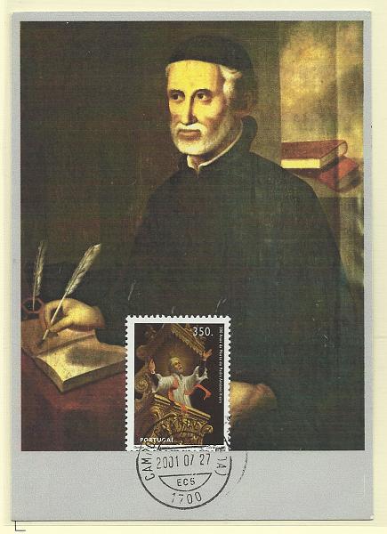 0553.jpg -     Lote:    553                   Descrição:         Padre António Vieira (300 anos da morte). Postal ilustrado concordante com selo CE2423, obliterados com carimbo de dia de Campo Grande (Lisboa) * (27.07.2001).        PM       Valor Base:     &euro; 15,00     Valor Venda:     Retirado     