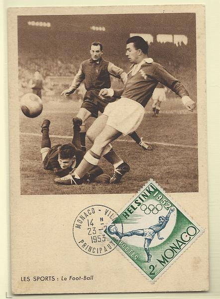 0562.jpg -     Lote:    562                   Descrição:         Mónaco &mdash; Futebol. Postal ilustrado concordante com selo de 2F Yv387, obliterados com marca de dia do Mónaco (23.02.53).        PM       Valor Base:     &euro; 25,00     Valor Venda:     Retirado     