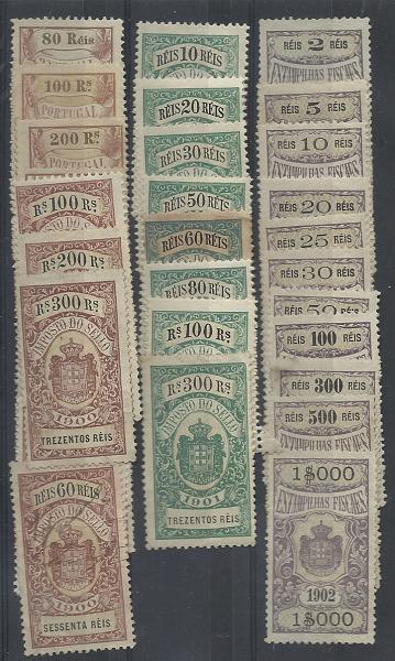 0606.jpg -     Lote:    606            Fiscais       Descrição:         Fiscais. Portugal. Imposto de Selo. Lote composto por 11 valores da emissão de 1901, 8 valores de 1902 e 7 de 1900. Sem repetições. Novos        Lote       Valor Base:     &euro; 10,00     Valor Venda:     Retirado     