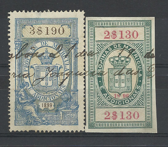 0609.jpg -     Lote:    609            Fiscais       Descrição:         Fiscais. Portugal. Propinas de matrícula: 1896, 2$130 e 1899, 3$190. PB23 e 80. Valor de catálogo &euro; 35,00.        O       Valor Base:     &euro; 5,00     Valor Venda:     Retirado     