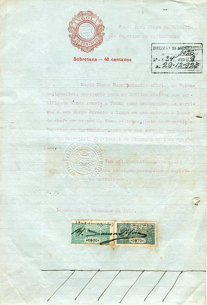 0612.jpg -     Lote:    612            Fiscais       Descrição:         Fiscais. Duas meias folhas de papel selado: uma com CTO de 8c com duas sobretaxas "SOBRETAXA &mdash; 8 CENTAVOS" + "COMPLEMENTO DE TAXA &mdash; 14 CENTAVOS"; e outra com CTO de 30c e sobretaxa &mdash; 40 CENTAVOS + estampilhas fiscais "COLÓNIAS" de 0$30 e 0$70 PB 98 e 102.        DOC       Valor Base:     &euro; 10,00     Valor Venda:     &euro; 12,00       
