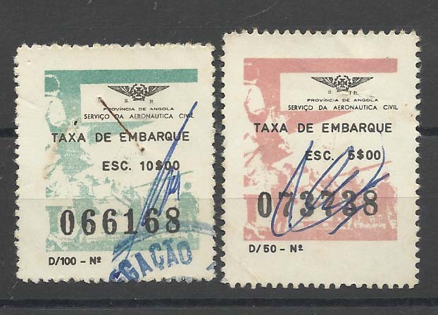 0620.jpg -     Lote:    620            Fiscais       Descrição:         Fiscais. Angola. Taxa de embarque. Serviço de Aeronautica Civil. Lote de dois selos de 5$00 e 10$00.        O       Valor Base:     &euro; 10,00     Valor Venda:     &euro; 14,00       