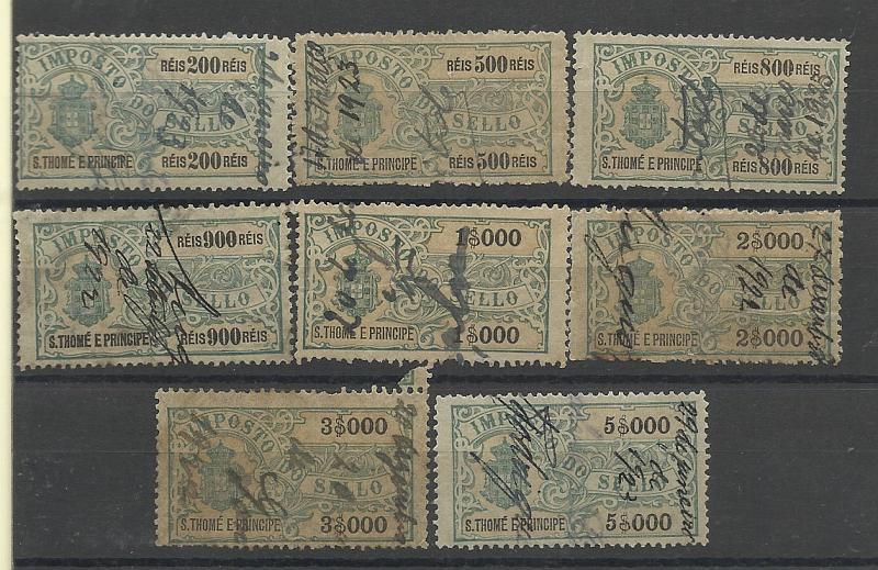 0621.jpg -     Lote:    621            Fiscais       Descrição:         Fiscais. São Tomé e Príncipe. Imposto de Selo. 1905. Lote com 8 valores de 200 reis a 5$000 reis. Usados. PB40, 43/47 e 49. Valor de catálogo &euro; 125,00.        O       Valor Base:     &euro; 15,00     Valor Venda:     Retirado     