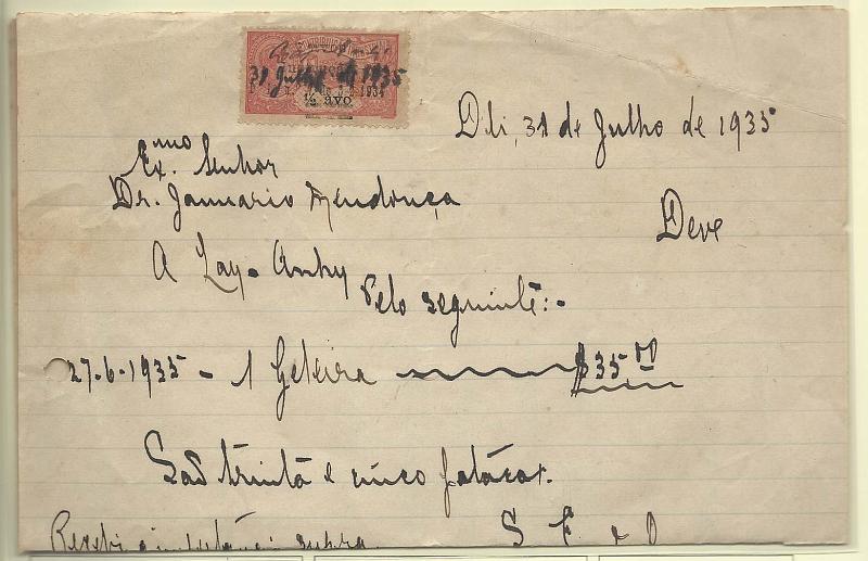0622.jpg -     Lote:    622            Fiscais       Descrição:         Fiscais. Timor. 1934 &mdash; Instrução + Imposto de selo. Recibo datado de Dili (31.07.35) estampilhado com selo de 7 avos s/ &frac12; avo PB3 + 2x5 avos + 2x2 avos imposto de selo emissão para as Colónias.        DOC       Valor Base:     &euro; 8,00     Valor Venda:     Retirado     