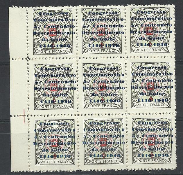 0623.jpg -     Lote:    623            Vinhetas       Descrição:         1946 &mdash; Vinhetas. Sociedade de Geografia de Lisboa com sobrecarga "Congresso Comemorativo do 5.º Centenário do Descobrimento da Guiné. Bloco de 9 selos.        ***       Valor Base:     &euro; 20,00     Valor Venda:     Retirado     