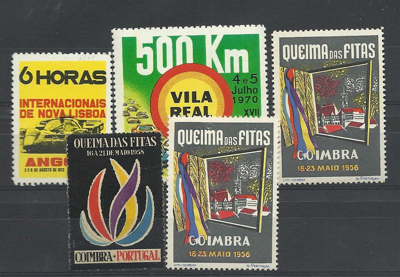 0633.jpg -     Lote:    633            Vinhetas       Descrição:         Vinhetas. Lote com 5 vinhetas: automobilismo (6 Horas Internacionais de Nova Lisboa * 1972 + 500 Kms de Vila Real * 1970) + Queima das Fitas de Coimbra de 1956 (2) e 1958.        ***       Valor Base:     &euro; 8,00     Valor Venda:     Retirado     