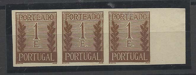 0770.jpg -     Lote:    770            Portugal       Descrição:         1940 &mdash; Tipo Algarismo ladeados de ramos. CE POR62, 1$00. Tira horizontal com 3 provas em castanho (cor aprovada), não denteadas, em papel esmalte.        PRV       Valor Base:     &euro; 10,00     Valor Venda:     Retirado     