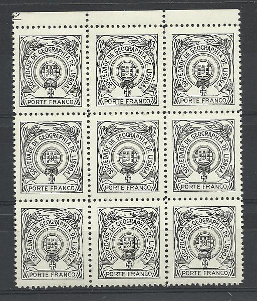 0774.jpg -     Lote:    774            África       Descrição:         1937/38 &mdash; Porte Franco. Emblema da Sociedade. Com Cruz de Cristo. CE SGL 2&frac12;2. Bloco de 9 provas a preto, denteadas.        PRV       Valor Base:     &euro; 35,00     Valor Venda:     &euro; 60,00       