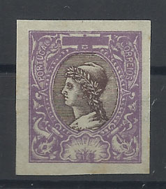 0781.jpg -     Lote:    781            Ultramar       Descrição:         1916/18 &mdash; Ceres / Lusíadas (2.º Concurso Oficial da República &mdash; Tipo não aprovado). Prova não denteada, sem taxa e legenda, na cor violeta e castanho, papel pontinhado. Desenho de Guilherme Augusto dos Santos. Serve para Portugal, Ilhas e Colónias.        PRV       Valor Base:     &euro; 10,00     Valor Venda:     &euro; 10,00       