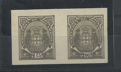 0791.jpg -     Lote:    791            Moçambique       Descrição:         1904/07 &mdash; Elefantes. Par horizontal a preto das taxas de 115 e 200 reis CE45 e 58, não denteados. MB e MR.        PRV       Valor Base:     &euro; 15,00     Valor Venda:     &euro; 40,00       