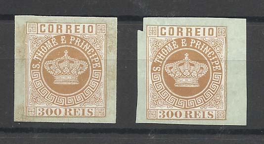 0802.jpg -     Lote:    802            S. Tomé e Príncipe       Descrição:         11870/77 &mdash; Tipo Coroa. CE9, 300 reis. Lote de duas provas não denteadas em castanho amarelo sobre papel porcelana colorido (verde).        PRV       Valor Base:     &euro; 15,00     Valor Venda:     &euro; 15,00       