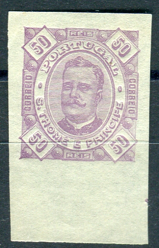 0803.jpg -     Lote:    803            S. Tomé e Príncipe       Descrição:         1893/95 &mdash; D. Carlos I tipo Diogo Neto. CE36, 50 reis. Prova de cor em violeta (cor não aprovada para este valor), não denteada, bordo inferior de folha, em papel "pelure".        PRV       Valor Base:     &euro; 15,00     Valor Venda:     &euro; 15,00       