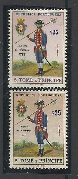 0805.jpg -     Lote:    805            S. Tomé e Príncipe       Descrição:         1965 &mdash; Uniformes. CE381, $35. Prova de cor não aprovada e tipo de algarismos diferentes. Acompanha original para comparação.        PRV       Valor Base:     &euro; 15,00     Valor Venda:     &euro; 20,00       