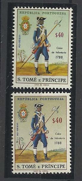 0806.jpg -     Lote:    806            S. Tomé e Príncipe       Descrição:         1965 &mdash; Uniformes. CE382, $40. Prova de cor não aprovada e tipo de algarismos diferentes. Acompanha original para comparação.        PRV       Valor Base:     &euro; 15,00     Valor Venda:     &euro; 20,00       
