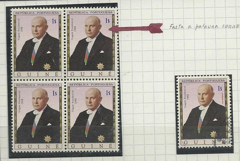 0839.jpg -     Lote:    839            Guiné       Descrição:         1968 &mdash; Viagem Presidencial. CE323, 1$00. Quadra sem impressão da palavra CORREIOS.        ***       Valor Base:     &euro; 100,00     Valor Venda:     &euro; 100,00       