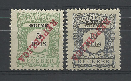 0840.jpg -     Lote:    840            Guiné       Descrição:         1911 &mdash; Porteado. Emissão regular, com sobrecarga REPUBLICA da Casa da Moeda. CE POR 11/12, 5 e 10 reis. Selos com sobrecarga invertida.        **/*       Valor Base:     &euro; 5,00     Valor Venda:     &euro; 10,00       