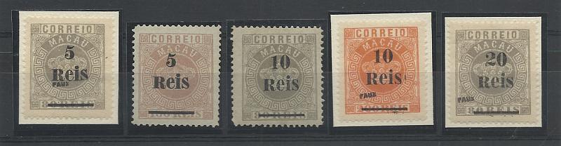 0841.jpg -     Lote:    841            Macau       Descrição:         1887 &mdash; Tipo Coroa, com sobretaxa. CE24/28. Série completa de selos falsos, tipo Fournier. Três selos com sobrecarga "Faux".        **       Valor Base:     &euro; 12,00     Valor Venda:     &euro; 12,00       