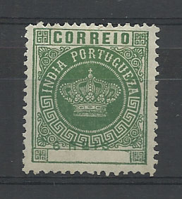 0842.jpg -     Lote:    842            Índia       Descrição:         1882 &mdash; Tipo Coroa. Moeda local. CE117, 6 reis verde, denteado 12 &frac12;. Selo com impressão deslocada do valor.        **       Valor Base:     &euro; 5,00     Valor Venda:     &euro; 12,00       