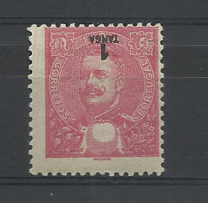 0843.jpg -     Lote:    843            Índia       Descrição:         1903 &mdash; D. Carlos I Mouchon. CE191, 1Tg rosa. Selo com impressão invertida do valor.        **       Valor Base:     &euro; 7,00     Valor Venda:     &euro; 28,00       