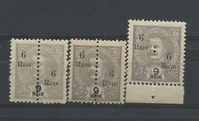0844.jpg -     Lote:    844            Índia       Descrição:         1911/13 &mdash; D. Carlos I Mouchon, com sobretaxa e perfurados ao meio. CE211, 6 s/ 9 reis. Lote de três selos, dois com "6" pequeno à direita e um com "6 " pequeno à esquerda.        **       Valor Base:     &euro; 5,00     Valor Venda:     &euro; 30,00       