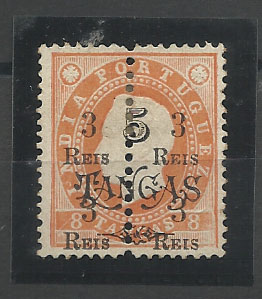 0845.jpg -     Lote:    845            Índia       Descrição:         1911 - D. Luís I, com sobretaxa e perfurados ao meio. Sobrecarga tipo B. CE224, 3r s/ 5T s/ 8T laranja. Selo com dupla impressão da sobretaxa.        *       Valor Base:     &euro; 15,00     Valor Venda:     &euro; 48,00       