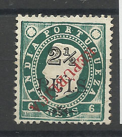 0851.jpg -     Lote:    851            Índia       Descrição:         1914 &mdash; D. Luís I, com sobrecarga REPUBLICA local. CE282, 2 &frac12; reis s/ 6 reis verde. Sobrecarga invertida.        *       Valor Base:     &euro; 12,00     Valor Venda:     &euro; 18,00       