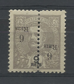 0852.jpg -     Lote:    852            Índia       Descrição:         1911/13 &mdash; S. Carlos I Mouchon, com sobretaxa e perfurados ao meio. CE293, 6 s/ 9 reis. Selo com a sobretaxa invertida.        ***       Valor Base:     &euro; 10,00     Valor Venda:     &euro; 24,00       