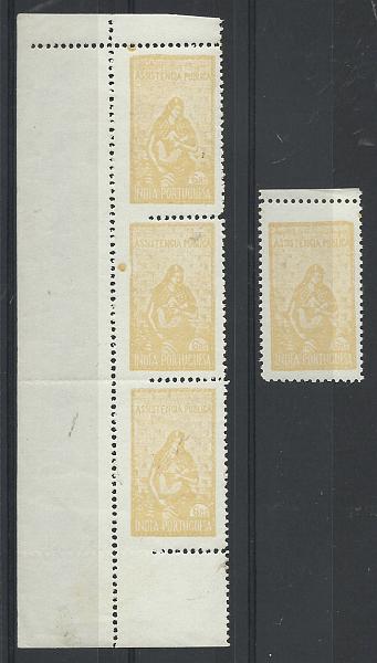 0854.jpg -     Lote:    854            Índia       Descrição:         1953 &mdash; Imposto Postal. Assistência Pública. CE IP11, 6 reis amarelo claro. Tira vertical de 3 selos com deslocamento acentuado do denteado + selo com deslocamento do denteado tornando-o maior na dimensão vertical.        ***       Valor Base:     &euro; 15,00     Valor Venda:     Retirado     