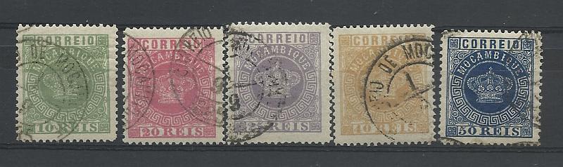 0856.jpg -     Lote:    856            Moçambique       Descrição:         1881/85 &mdash; Tipo Coroa. Novas Cores. CE 10/14. Série completa de selos falsos FOURNIER, obliterados com carimbo falso.        O       Valor Base:     &euro; 25,00     Valor Venda:     &euro; 42,00       
