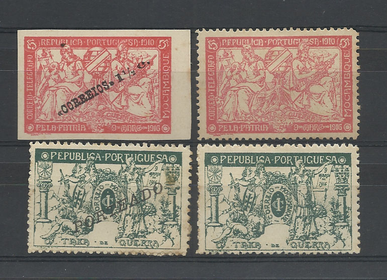 0858.jpg -     Lote:    858            Moçambique       Descrição:         1918/20 &mdash; Taxa de Guerra, com sobrecarga e sobretaxa. Lote de 4 selos: CE202 não denteado, CE IP3 com "PEPUBLICA", CE IP4 com PEPUBLICA e TELFGRAFO, CE POR43 com PEPUBLICA.        **/*       Valor Base:     &euro; 6,00     Valor Venda:     &euro; 6,00       