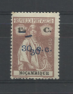0859.jpg -     Lote:    859            Moçambique       Descrição:         192&frac12;2 &mdash; Ceres, com sobretaxa. CE235, 30c s/ 1 &frac12; c castanho, denteado 15x14. Selo com dupla sobretaxa.        **       Valor Base:     &euro; 10,00     Valor Venda:     &euro; 30,00       