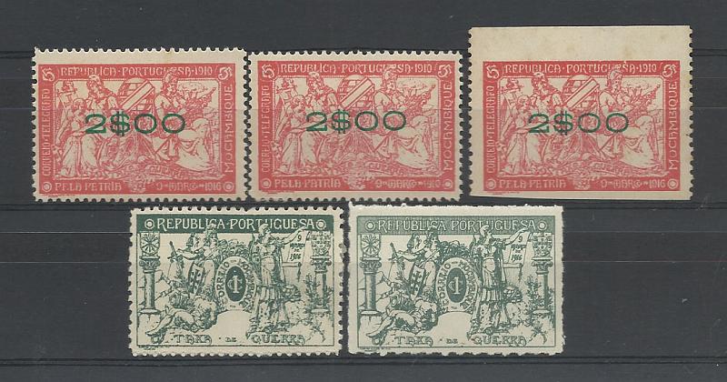 0860.jpg -     Lote:    860            Moçambique       Descrição:         1916/18 &mdash; Taxa de Guerra + Taxa de Guerra com sobretaxa. Lote de 5 selos: três selos de 2$00 s/ 5c CE237, sendo dois com PETRIA, 1910 e TELGRAFO e outro não denteado + CE IP 1 e 3.        **       Valor Base:     &euro; 10,00     Valor Venda:     &euro; 10,00       