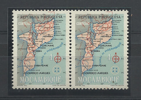 0865.jpg -     Lote:    865            Moçambique       Descrição:         1954 &mdash; Carta Geográfica de Moçambique. CE417, 4$00. Par horizontal com deslocação da cor vermelha.        ***       Valor Base:     &euro; 6,00     Valor Venda:     &euro; 6,00       