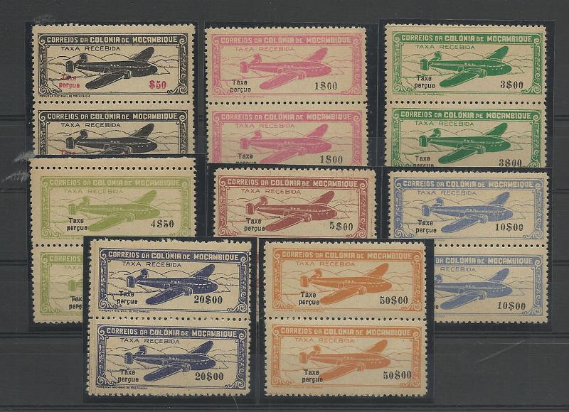 0868.jpg -     Lote:    868            Moçambique       Descrição:         1947 &mdash; Correio Aéreo. "Avião" com legenda "Taxe Perçue". CE16/23. Série completa em pares verticais. Falsos.        ***       Valor Base:     &euro; 30,00     Valor Venda:     &euro; 80,00       