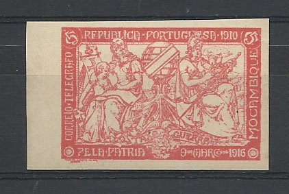 0869.jpg -     Lote:    869            Moçambique       Descrição:         1916 &mdash; Taxa de Guerra. CE IP2, 5c carmim. Selo não denteado.        **       Valor Base:     &euro; 8,00     Valor Venda:     Retirado     